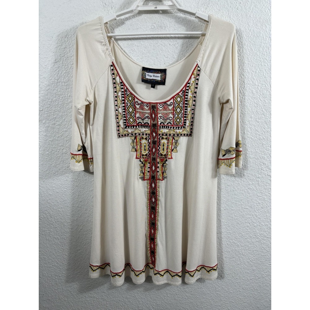 Vintage‎ Collection Shirt Womens Small Cream Embroidered Tunic Boho 3/4 Sleeve